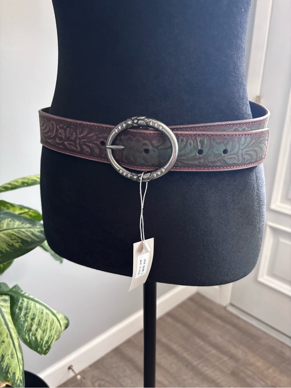Tooled Leather Belt with Oval Buckle - Green and Brown